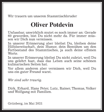Traueranzeige von Oliver Potdevin von Giessener Allgemeine, Alsfelder Allgemeine