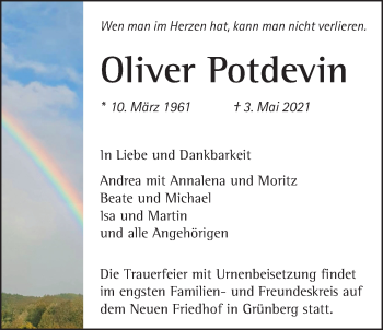 Traueranzeige von Oliver Potdevin von Giessener Allgemeine, Alsfelder Allgemeine