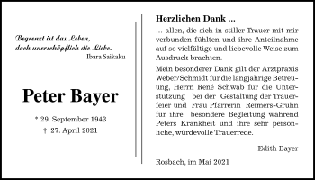 Traueranzeige von Peter Bayer von Wetterauer Zeitung