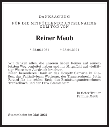 Traueranzeige von Reiner Meub von Wetterauer Zeitung