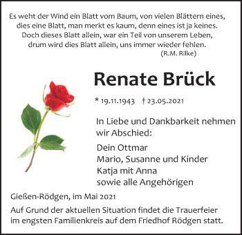 Traueranzeige von Renate Brück von Giessener Allgemeine, Alsfelder Allgemeine