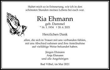 Traueranzeige von Ria Ehmann von Bad Vilbel/Karben