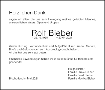 Traueranzeige von Rolf Bieber von Giessener Allgemeine, Alsfelder Allgemeine