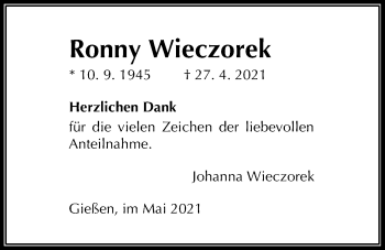 Traueranzeige von Ronny Wieczorek von Giessener Allgemeine, Alsfelder Allgemeine