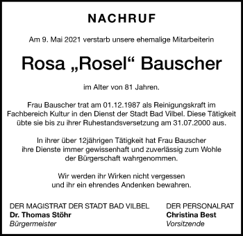 Traueranzeige von Rosa Bauscher von Bad Vilbel/Karben