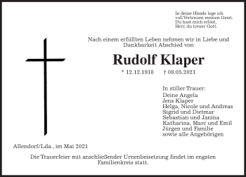 Traueranzeige von Rudolf Klaper von Giessener Allgemeine, Alsfelder Allgemeine