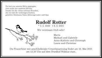 Traueranzeige von Rudolf Rotter von Giessener Allgemeine, Alsfelder Allgemeine