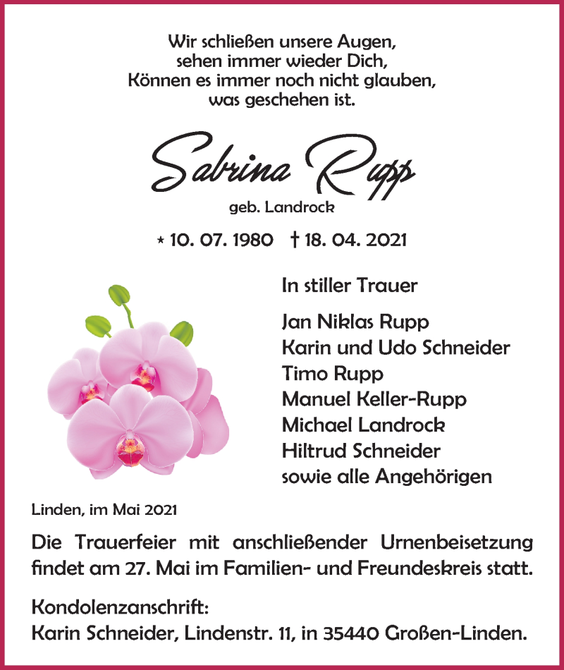  Traueranzeige für Sabrina Rupp vom 22.05.2021 aus Giessener Allgemeine, Alsfelder Allgemeine