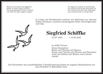 Traueranzeige von Siegfried Schiffke von Wetterauer Zeitung