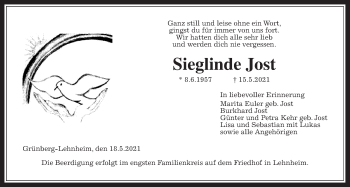 Traueranzeige von Sieglinde Jost von Giessener Allgemeine, Alsfelder Allgemeine