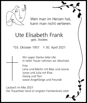 Traueranzeige von Ute Elisabeth Frank von Laubacher Anzeiger