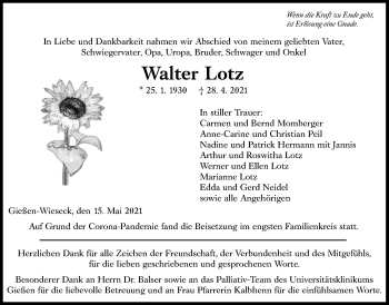 Traueranzeige von Walter Lotz von Giessener Allgemeine, Alsfelder Allgemeine
