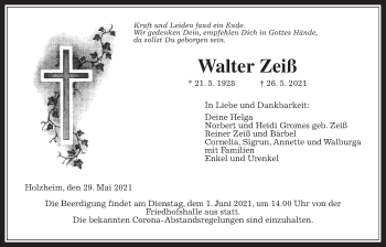 Traueranzeige von Walter Zeiß von Giessener Allgemeine, Alsfelder Allgemeine