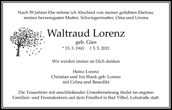Traueranzeige von Waltraud Lorenz von Bad Vilbel/Karben