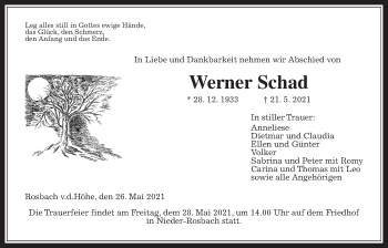 Traueranzeige von Werner Schad von Wetterauer Zeitung
