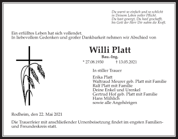 Traueranzeige von Willi Platt von Giessener Allgemeine, Alsfelder Allgemeine
