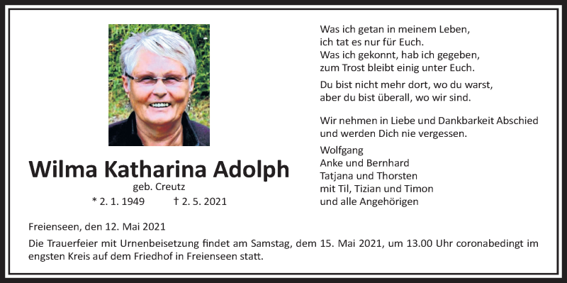  Traueranzeige für Wilma Katharina Adolph vom 12.05.2021 aus Giessener Allgemeine, Alsfelder Allgemeine, Laubacher Anzeiger