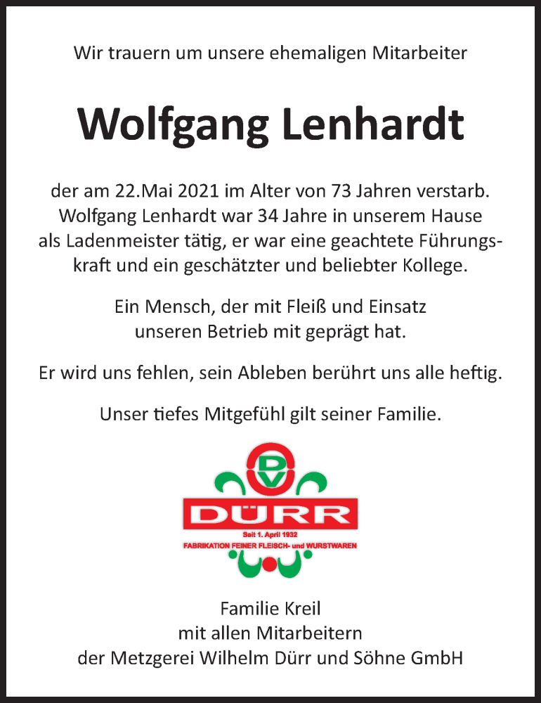  Traueranzeige für Wolfgang Lenhardt vom 29.05.2021 aus Wetterauer Zeitung