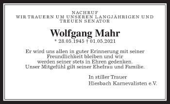 Traueranzeige von Wolfgang Mahr von Wetterauer Zeitung
