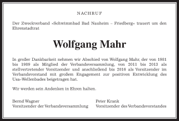 Traueranzeige von Wolfgang Mahr von Wetterauer Zeitung