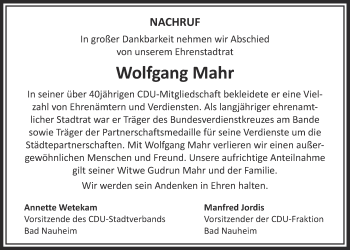 Traueranzeige von Wolfgang Mahr von Wetterauer Zeitung