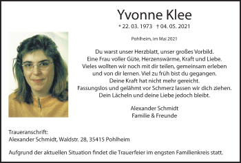 Traueranzeige von Yvonne Klee von Pohlheimer Nachrichten