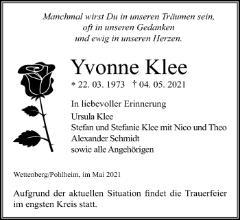 Traueranzeige von Yvonne Klee von Giessener Allgemeine, Alsfelder Allgemeine