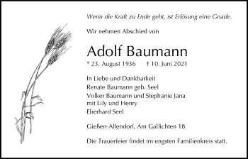 Traueranzeige von Adolf Baumann von Giessener Allgemeine, Alsfelder Allgemeine