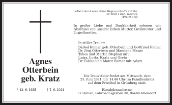 Traueranzeige von Agnes Otterbein von Giessener Allgemeine, Alsfelder Allgemeine