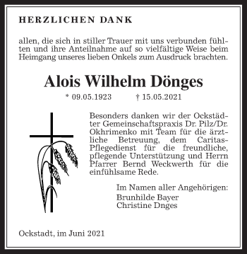 Traueranzeige von Alois Wilhelm Dönges von Wetterauer Zeitung