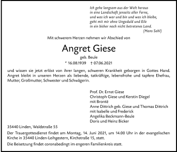 Traueranzeige von Angret Giese von Giessener Allgemeine, Alsfelder Allgemeine