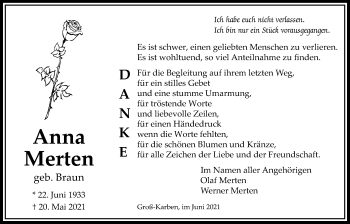 Traueranzeige von Anna Merten von Bad Vilbel/Karben