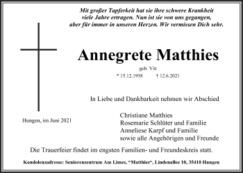 Traueranzeige von Annegrete Matthies von Giessener Allgemeine, Alsfelder Allgemeine