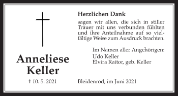 Traueranzeige von Anneliese Keller von Alsfelder Allgemeine