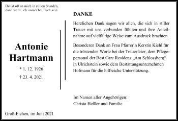 Traueranzeige von Antonie Hartmann von Mücker Stimme