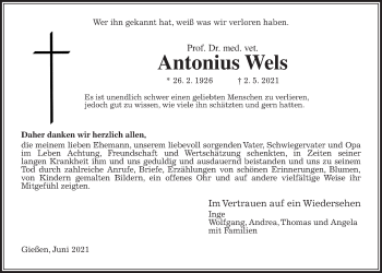 Traueranzeige von Antonius Wels von Giessener Allgemeine, Alsfelder Allgemeine