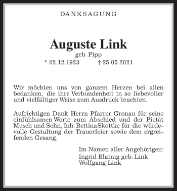 Traueranzeige von Auguste Link von Wetterauer Zeitung