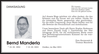 Traueranzeige von Bernd Manderla von Giessener Allgemeine, Alsfelder Allgemeine