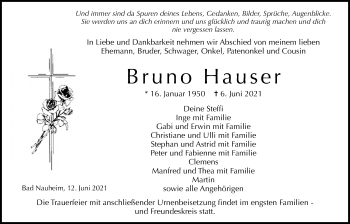 Traueranzeige von Bruno Hauser von Wetterauer Zeitung