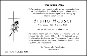 Traueranzeige von Bruno Hauser von Wetterauer Zeitung