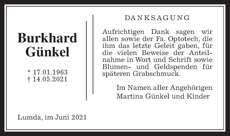  Traueranzeige für Burkhard Günkel vom 19.06.2021 aus Giessener Allgemeine, Alsfelder Allgemeine