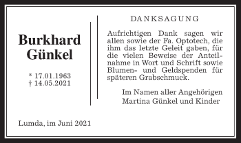 Traueranzeige von Burkhard Günkel von Giessener Allgemeine, Alsfelder Allgemeine