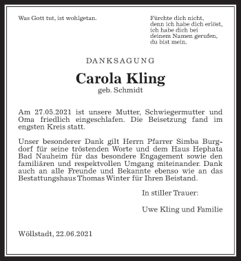 Traueranzeige von Carola Kling von Wetterauer Zeitung
