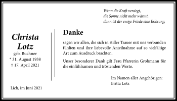 Traueranzeige von Christa Lotz von Licher Wochenblatt