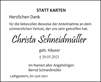 Traueranzeige von Christa Schneidmüller von Giessener Allgemeine, Alsfelder Allgemeine