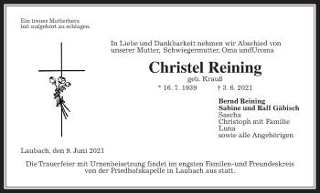 Traueranzeige von Christel Reining von Laubacher Anzeiger