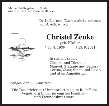 Traueranzeige von Christel Zenke von Laubacher Anzeiger