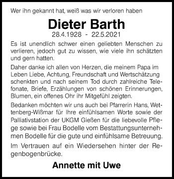 Traueranzeige von Dieter Barth von Giessener Allgemeine, Alsfelder Allgemeine