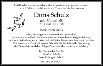 Traueranzeige von Doris Schulz von Bad Vilbel/Karben