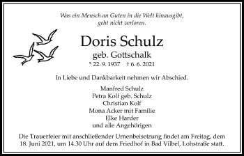 Traueranzeige von Doris Schulz von Bad Vilbel/Karben